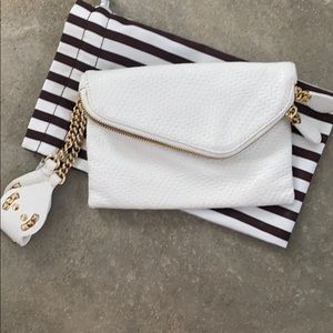White clutch/wristlet with gold hardware